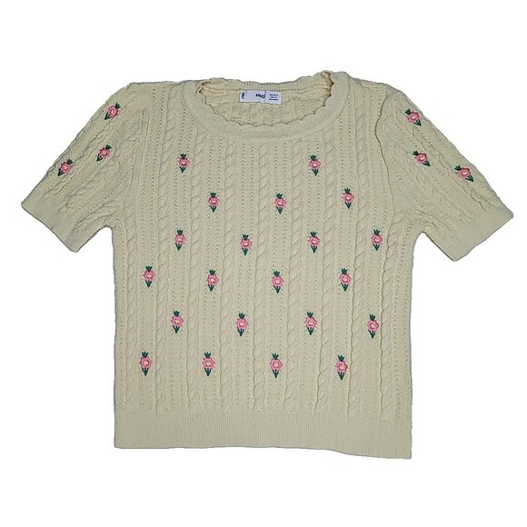 Mango MNG Yellow Knit w/ Roses Short Sleeve Crew Neck Size Small Sweater - Picture 2 of 9